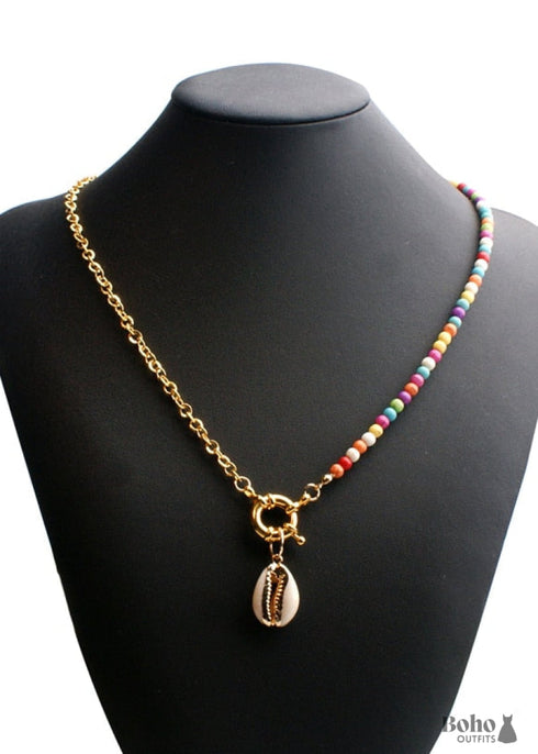 Boho Necklace, Blue Colorful Hippie Gold Shell